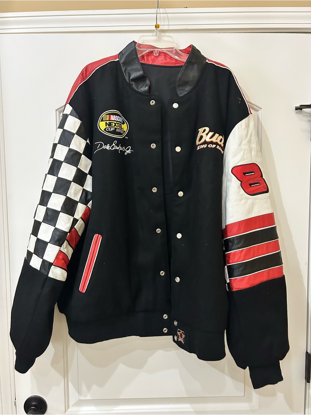 Wilson Leather Budweiser Reversible Racing Varsity Jacket with Checkered Sleeve